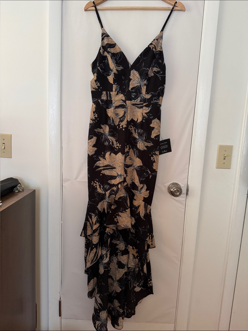 Lulu's Black Slip Dress with Taupe Floral High-Low Ruffle